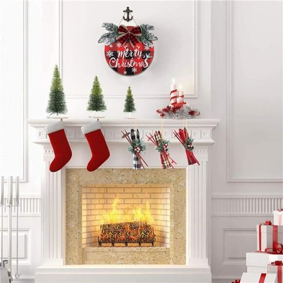 Christmas Buffalo Plaid Wreath Decoration - 1pc Double Sided Wooden - Picture 5 of 7